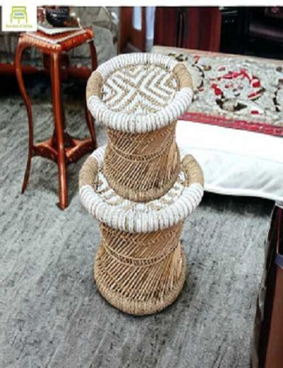 Picture of Wicker Bamboo White Beige Stool Set 