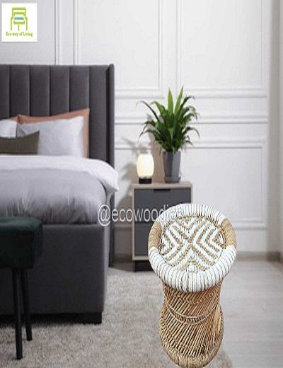 Picture of Wicker Bamboo White Beige Stool Set 