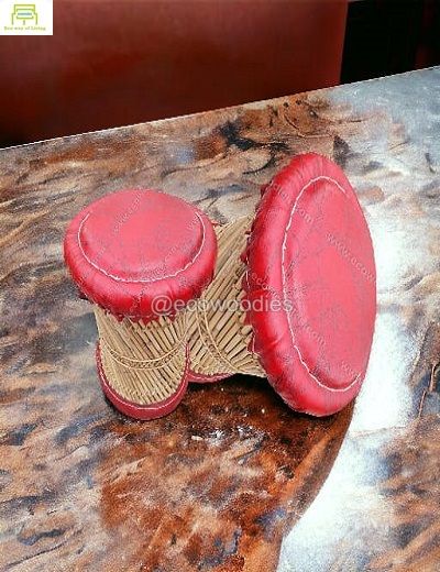 Picture of Round  Red Leather Cushion Bamboo Ottoman Set of 2