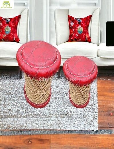 Picture of Round  Red Leather Cushion Bamboo Ottoman Set of 2