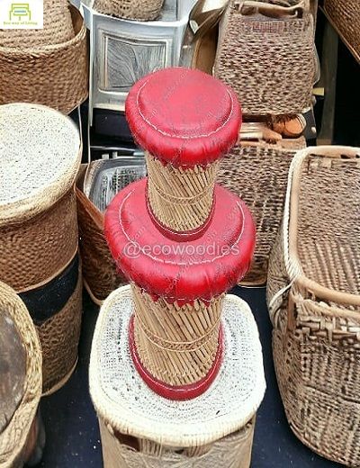 Picture of Round  Red Leather Cushion Bamboo Ottoman Set of 2