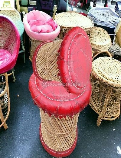 Picture of Round  Red Leather Cushion Bamboo Ottoman Set of 2