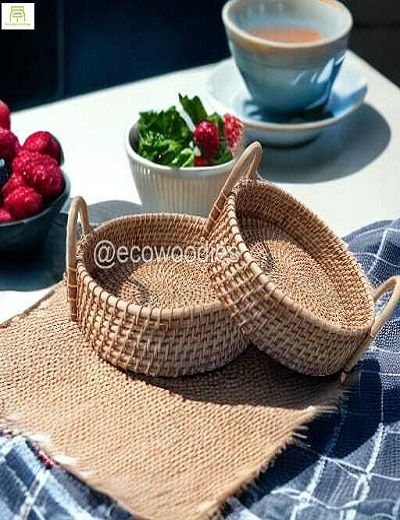 Picture of Handwoven Wicker Cane Round Serving Tray 