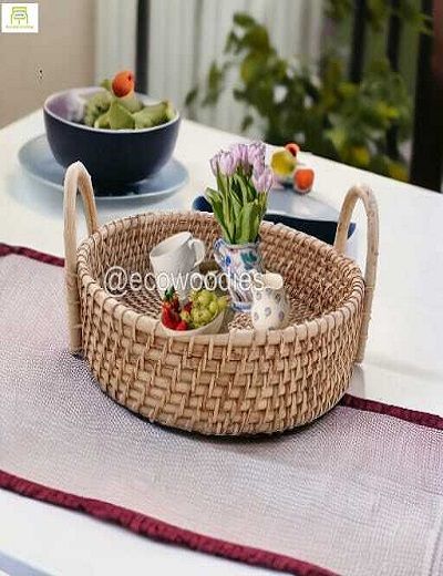 Picture of Handwoven Wicker Cane Round Serving Tray 