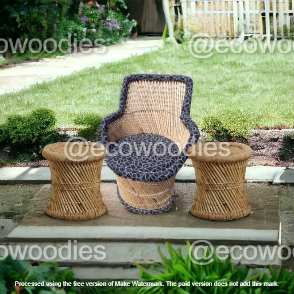 Picture of Indian Boho Chic Bamboo Chair With Two End Tables